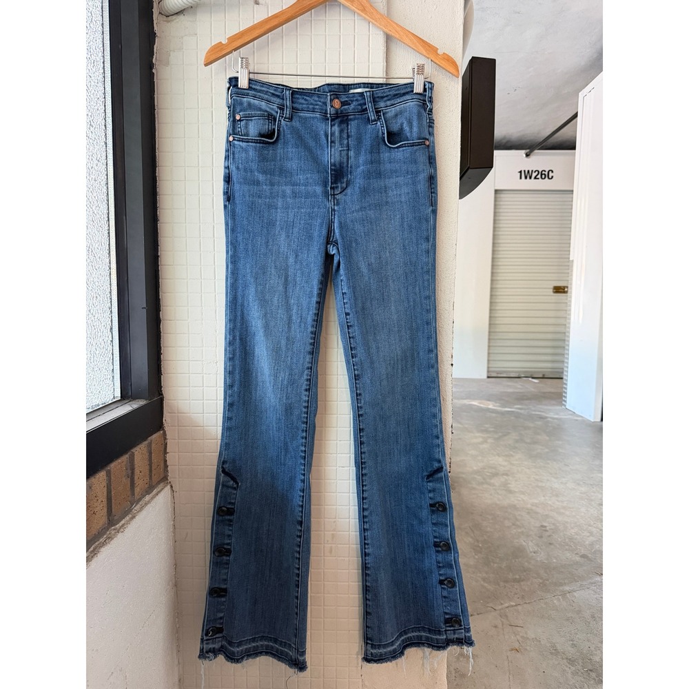 Pilcro Anthropologie‎ High Rise Bootcut Kick Flare Jeans Side Button Hem Blue 27 - Picture 2 of 9